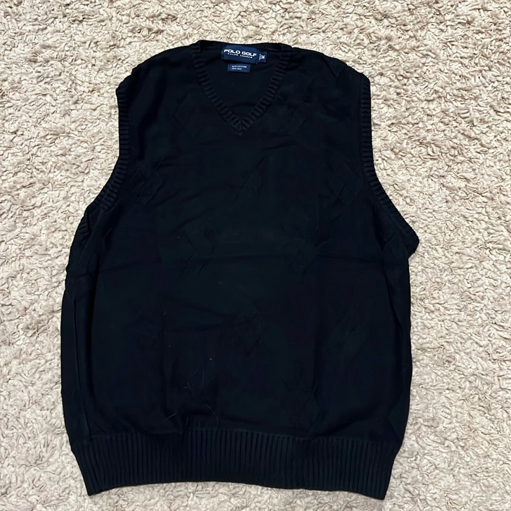 Polo Golf Ralph Lauren Men's Cotton Silk Black Argyle print v neck vest medium
